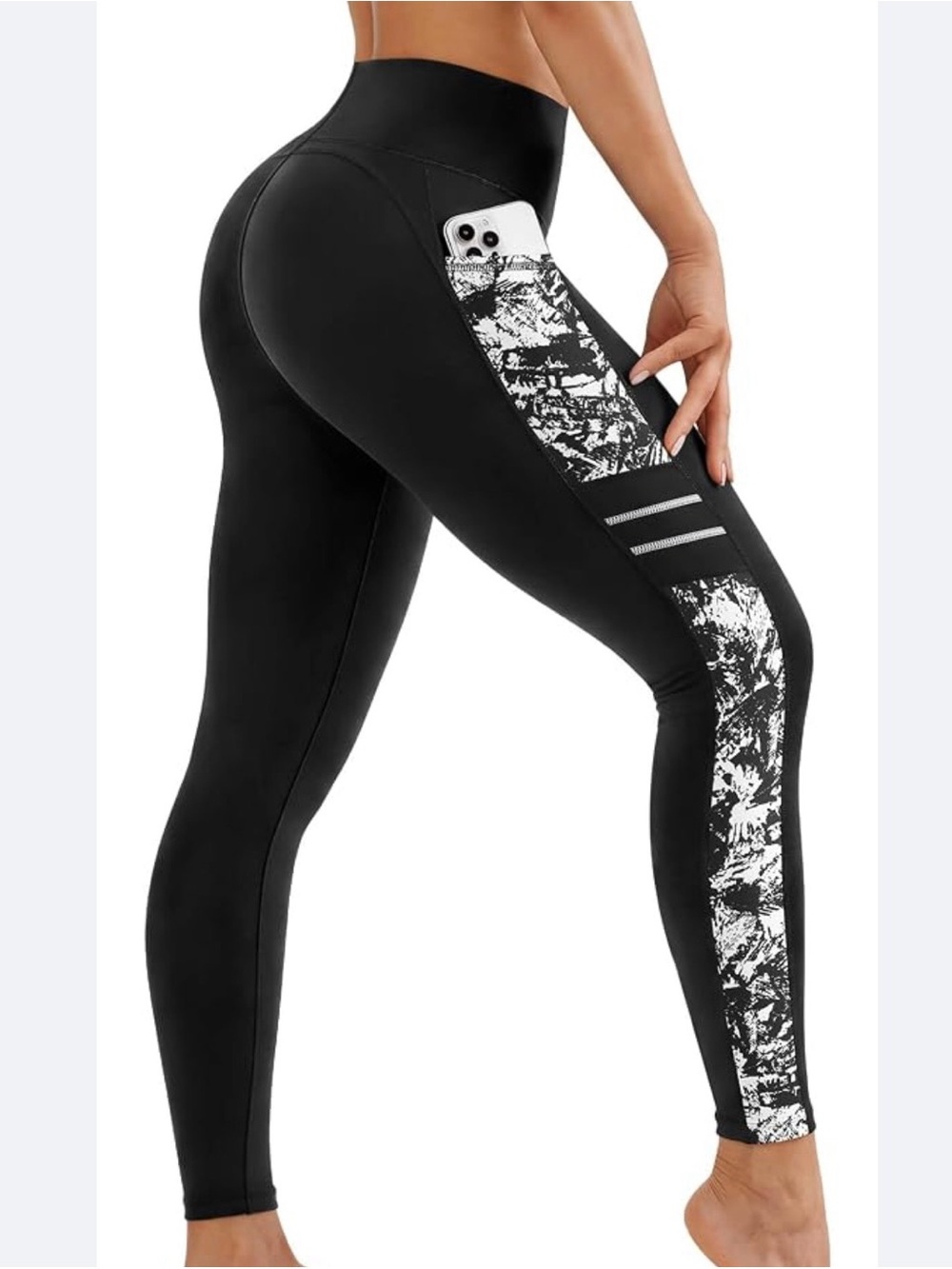Girls' Black Athletic Leggings with Patterned Side Panel